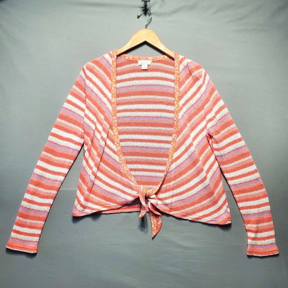 Christopher & Banks Tie Front Cardigan Womens Medium Orange Striped Costal Boho‎